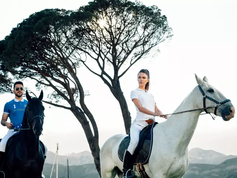 A couple horseback riding with a man on a black horse and a woman on a white horse, under a tree with mountains in the background.