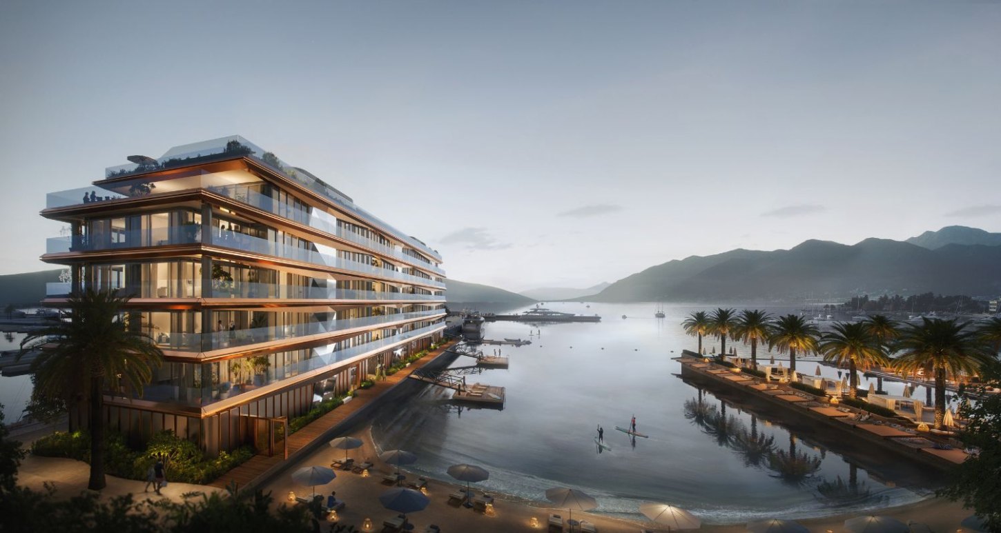 Modern multi-level waterfront residence in AERIS - Porto Montenegro, featuring terraced architecture, glowing interiors, and lush palm trees along a serene beachfront with recreational activities in the calm bay.