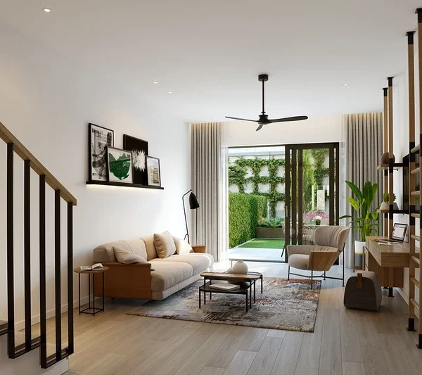 Bright, modern living room with minimalist furniture, neutral tones, and garden access through large glass doors.